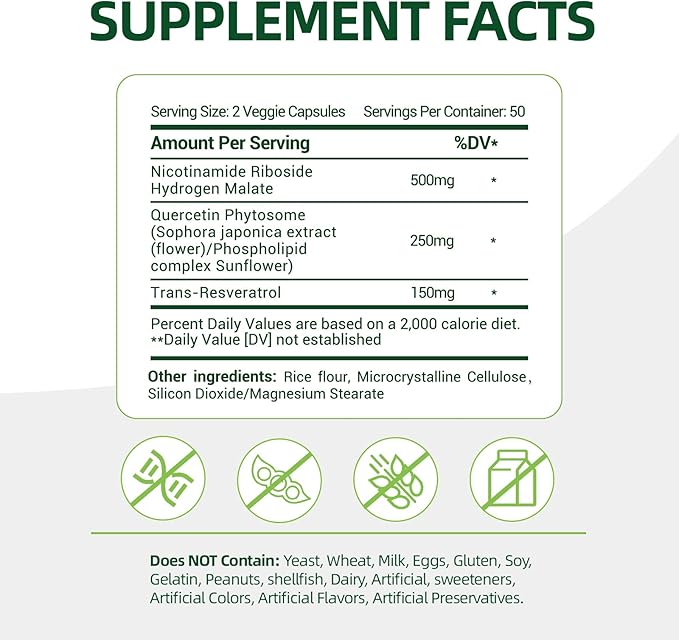 NAD+ Supplement with, Nicotinamide Riboside & Resveratrol 900mg – Anti-Aging Support for Women & Men, NMN Alternative, Vegan Non-GMO - 100 Capsules