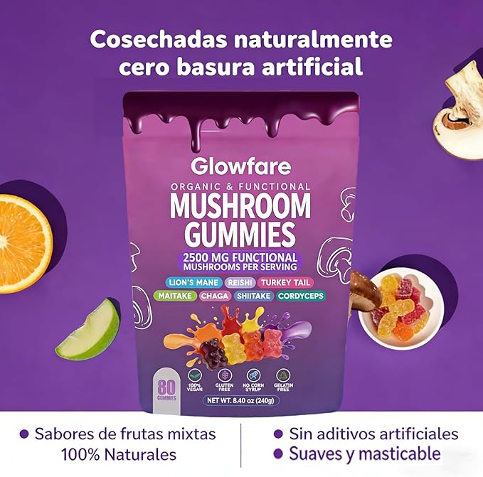 Mushroom Gummies, Organic & Functional Mushroom Gummies, Glow Fare Mushroom Gummies, Supplement for ImmuneDefense, Immune, Boosts Cognitive Performance and Energy, 80 Gummies (1PCS)