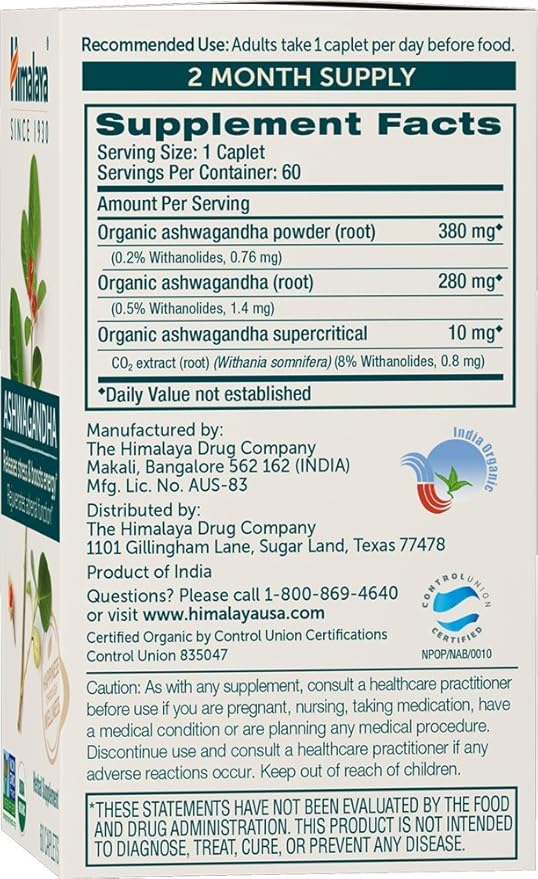 Himalaya Organic Ashwagandha Root, 120 Day Supply - Herbal Adrenal Support Supplements for Stress Relief and Energy Support - USDA Organic, Non-GMO, Vegan, Gluten Free, 60 Caplets, 2 Pack