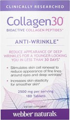 Webber Naturals Collagen30 Anti-Wrinkle, 2,500mg of Bioactive Collagen Peptides Per Serving (3 Tablets), 180 Tablets, Helps Reduce Deep Wrinkles, Fine Lines, Non GMO, Dairy, Gluten Free