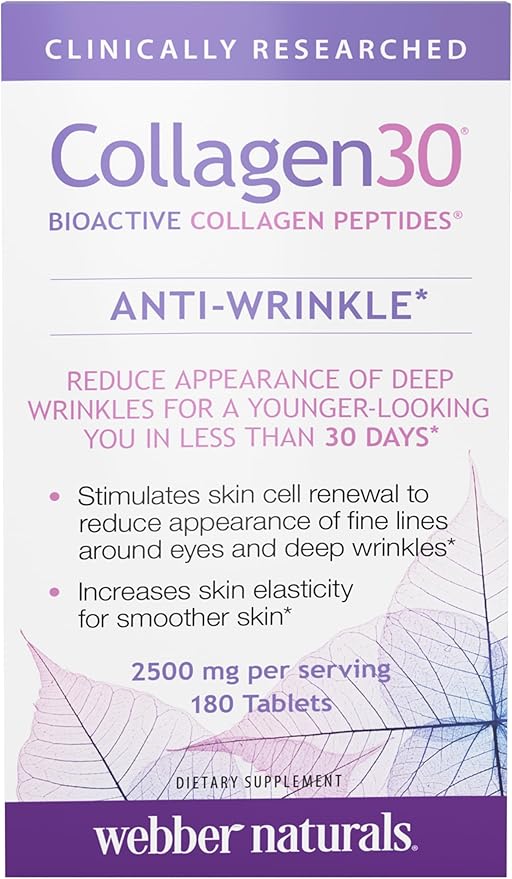 Webber Naturals Collagen30 Anti-Wrinkle, 2,500mg of Bioactive Collagen Peptides Per Serving (3 Tablets), 180 Tablets, Helps Reduce Deep Wrinkles, Fine Lines, Non GMO, Dairy, Gluten Free