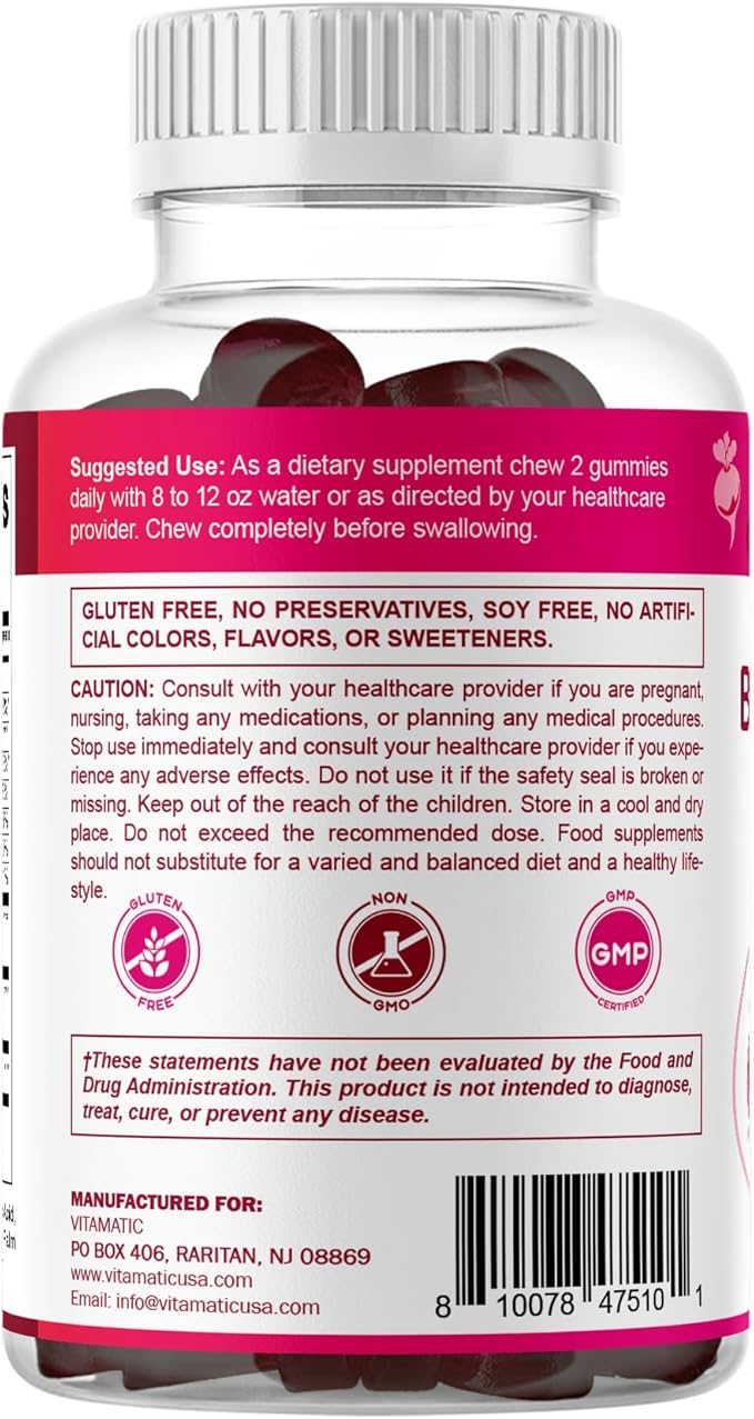 Vitamatic Beet Root Gummies with B6, B12, Grape Seed, Pomegranate & Nicotinamide – Plant-Based Extract – Vegan, Non-GMO – Botanical Supplement Gummies – 60 Count - 2 Pack (120 Count)