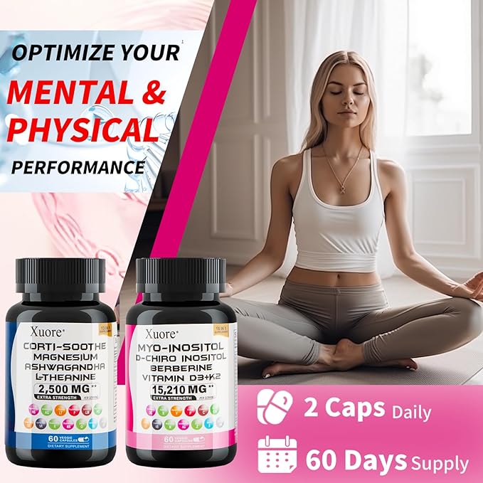 cortisol & myo-inositol Supplement Bundle with ashwagandha, Magnesium, l-theanine, d-Chiro inositol, folate, Berberine, chasteberry for Stress Relief & Balance