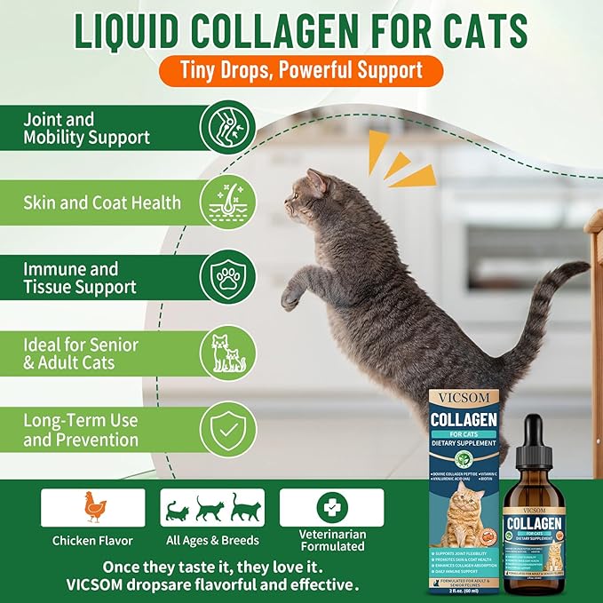 Liquid Collagen for Cats, Cat Collagen Drops with Bovine Collagens, Biotin & Vitamin C, Mobility & Flexibility, Itch Relief, Skin, Coat & Immunity Support, Cat Joint Supplement for Cats