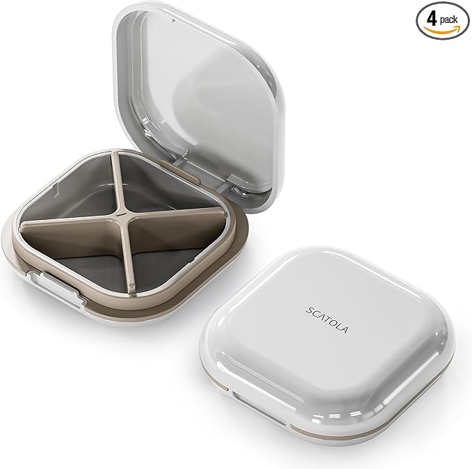 ONTERATE Small Pill Case, Travel Pill Organizer, Small Pill Box, Pill Container for Purse 4 Compartments, Daily Compact Travel Medicine Holder for Vitamins Medication (White Grey)