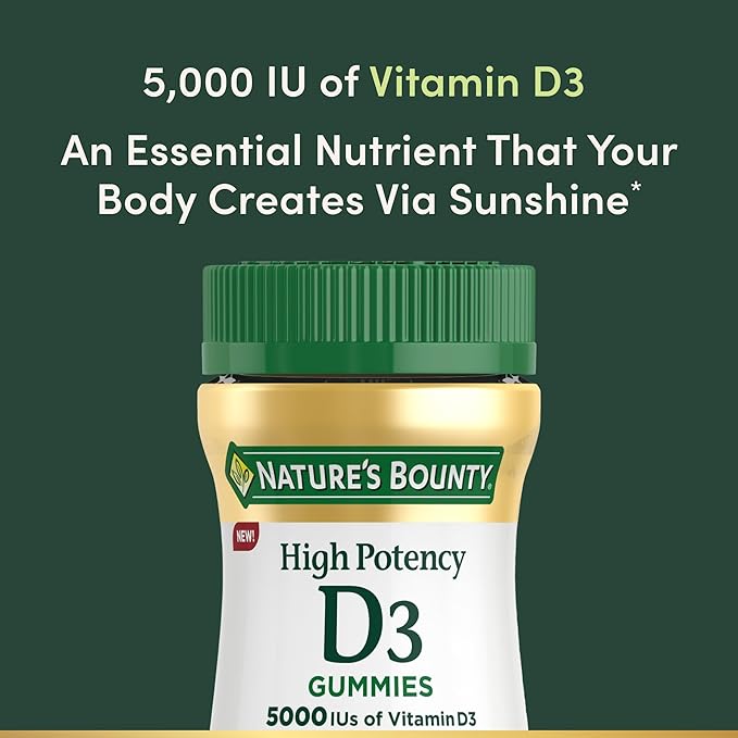 Nature’s Bounty Vitamin D 5000 IU Gummies, Vitamin D3 High Potency Immune Support & Bone Health Supplement, 5000 IU in 1 Gummy, Strawberry Flavor, 2 month Supply, 60 Vegetarian Gummies for Adults