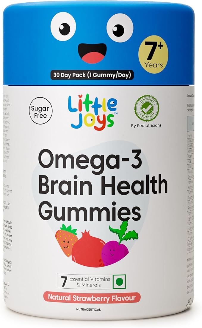 Little Joys Omega-3 (DHA) Brain Gummies for Kids. 7-12 Years. 30 Day Pack. Plant Based Omega-3 Supplements. Made with Chicory Root Fiber for Gut Health. Multivitamins Rich. No Sugar.