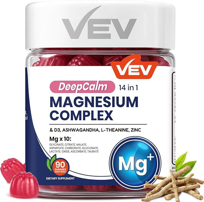 VEV Deep Calm Magnesium Complex 14-in-1 Gummies – 90 Count (Pack of 1) – with D3, Ashwagandha, L-theanine, Zinc – Magnesium Complex for Women and Men – No Added Sugar Vegan Magnesium Glycinate Gummies