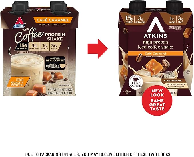 Atkins Café Caramel Iced Coffee Flavored Protein Shake, High Protein Shake, Low Glycemic, Low Carb and Low Sugar, Keto Friendly, Gluten Free, 12 Count