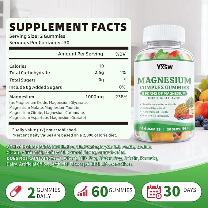 Magnesium Complex Gummies 8 Elemental 1000mg - Magnesium Glycinate, Citrate, Malate, Taurate, Supports Bones, Muscle, Nerve Health, for Women & Men, Vegan Non-GMO, Mixed Flavors, 120 Count