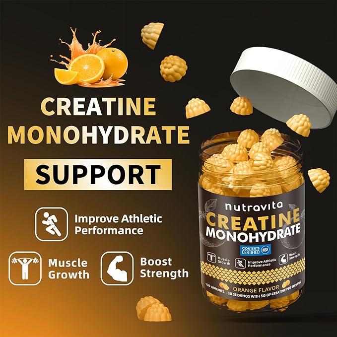 Creatine Monohydrate Gummies for Men & Women-5g of Creatine Monohydrate per Serving - Sugar Free,Vegan, Orange Flavor, 120 Count