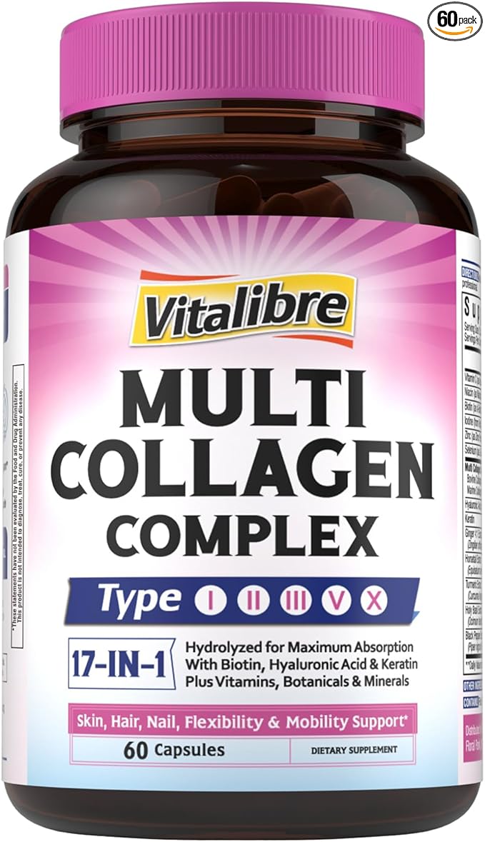 Collagen Peptides Capsules for Women & Men, Type I, II, III, V, X, Biotin, Hyaluronic Acid & Keratin, Vitamin C, Niacinamide, Turmeric & Ginger, Skin, Hair, Nail, Flexibility, 60 Count