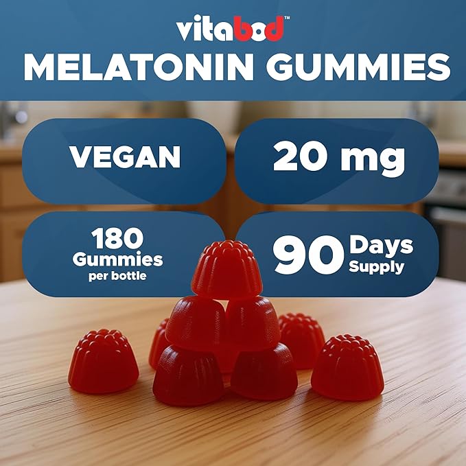 Vitabod Melatonin 20mg Gummies - 180 Count - Drug Free - Natural Strawberry Flavor - Vegetarian, Non-GMO, Gluten Free (2 Bottles)