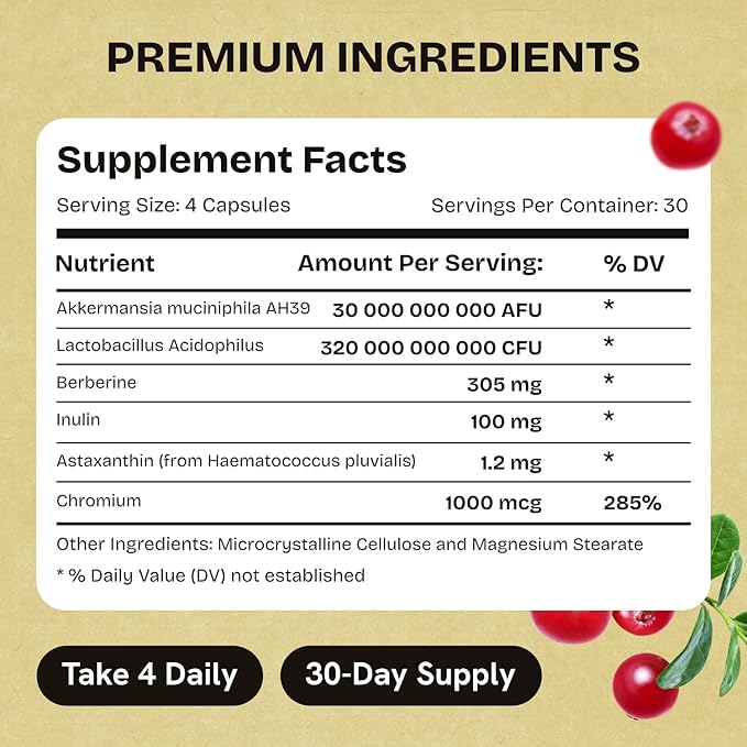 Akkermansia Muciniphila Probiotics 320 Billion CFU| Probiotic and Prebiotic | Akkermansia Probiotics for gut health | Inulin Prebiotic Fiber Capsules Astaxanthin & Berberine & Chromium 480 caps 4 pack