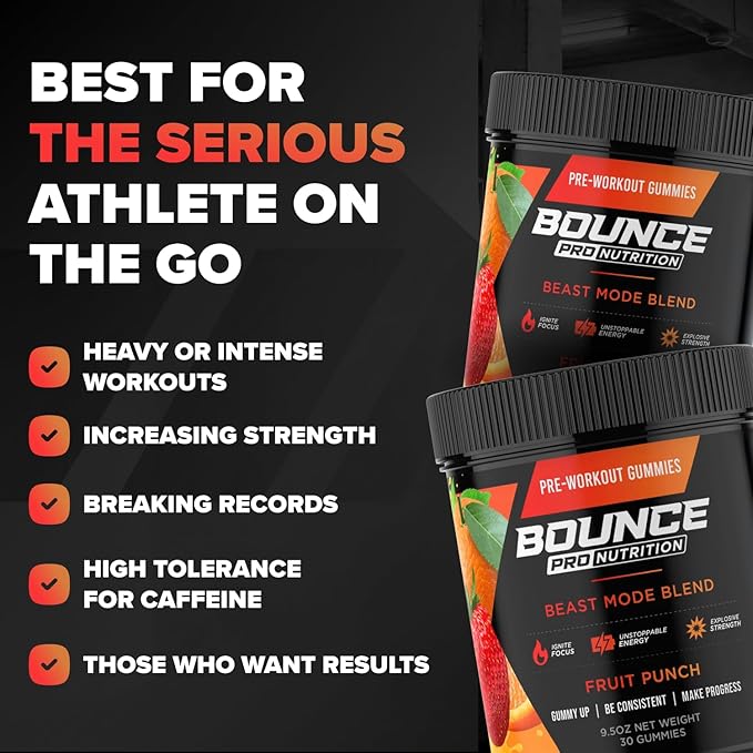Bounce Pro Beast Mode Pre Workout Gummies with Caffeine, Beta-Alanine & L-Tyrosine for Energy, Focus & Training Intensity (30 Count (Pack of 1), Fruit Punch)