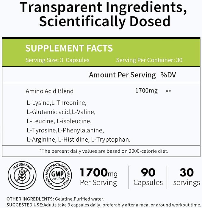 Amino Acid, Supports Muscle Recovery and Lean Muscle Growth, Enhances Energy and Endurance, Contains Essential Amino Acids and BCAAs, 180 Capsules (2 Bottles)