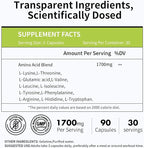 Amino Acid, Supports Muscle Recovery and Lean Muscle Growth, Enhances Energy and Endurance, Contains Essential Amino Acids and BCAAs, 90 Capsules (1 Bottle)