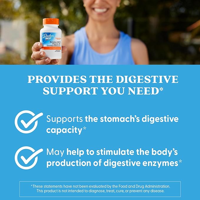 Doctor's Best Betaine HCI Pepsin & Gentian Bitters, Digestive Enzymes for Protein Breakdown & Absorption, Non-GMO, Gluten Free, 360 Count (Pack of 1)