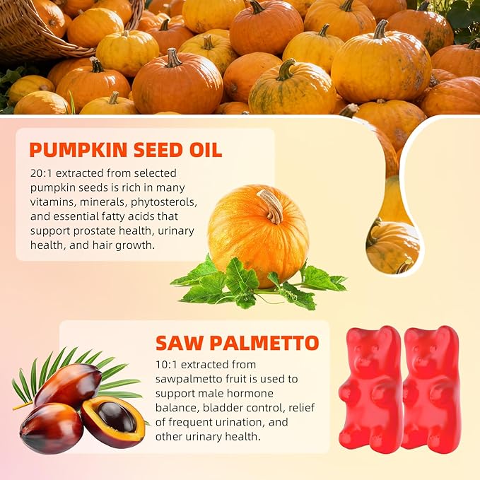 Pumpkin Seed Oil Gummies with Saw Palmetto, Organic Pumpkin Seed Oil Supplement for Hair Growth & Skin Health, Prostate Health, High Pure Extract for Women Men, Strawberry Flavor, 120 Count