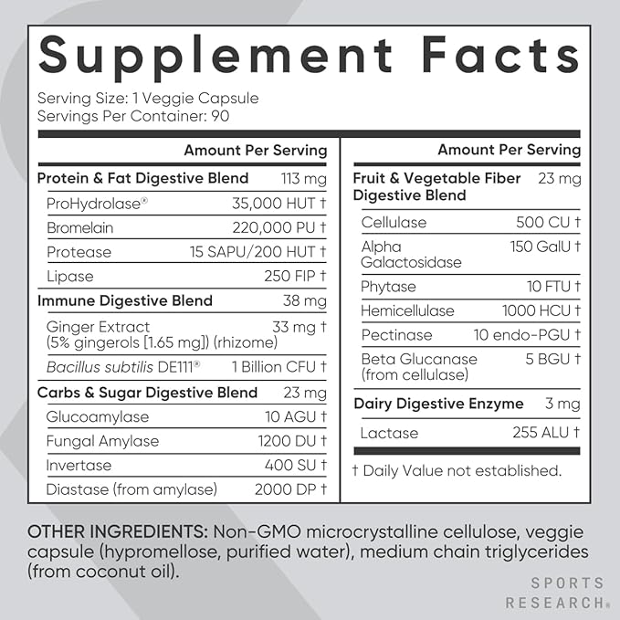 Sports Research Digestive Enzymes with Probiotics & Ginger - Plant Based for Dairy, Protein, Sugar & Carbs - Non-GMO Verified & Vegan Friendly (90 Veggie Capsules)