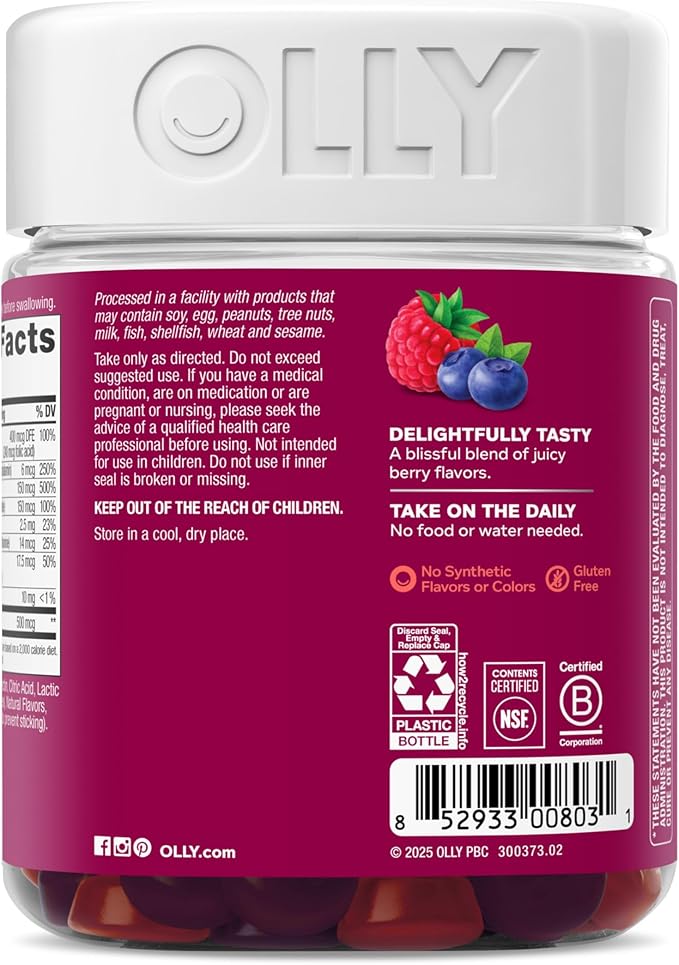 OLLY Women's Daily Multivitamin Gummy, Vitamins A, D, C, E, Biotin, Folic Acid, Adult Chewable Vitamin, Berry Flavor, 65 Day Supply - 130 Count