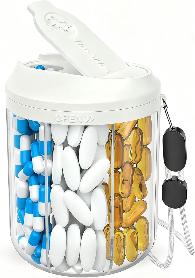 Hionxmga Pill Dispenser with 7 Large Compartments, Pill Organizer for Travel, Supplement Organizer with Anti-Mixing Design, BPA-Free Pill Container with 20 Pcs Labels, Beige