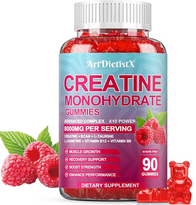 Creatine Monohydrate 8000mg Gummies with BCAA, L-Carnitine, Taurine & Vitamin B12 - Pre Workout Supplement for Muscle Growth, Strength & Energy, Raspberry Flavor Gummies, 90 Count for Men & Women