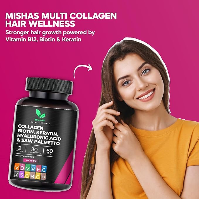 Multi Collagen Hair Pills - Biotin 10,000mcg, Keratin & Hyaluronic Acid - Hair Growth - Hair Skin & Nails Vitamins & DHT Blocker - Vitamin E Folic Acid Pumpkin Seed MSM, Saw Palmetto 60 Vegan Capsules
