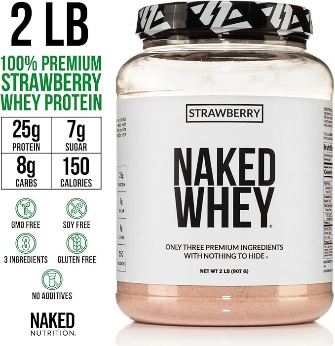 NAKED Strawberry Whey Protein Powder, Only 3 Ingredients, 25g Grass Fed Whey Protein Powder, Aid Muscle Growth & Recovery - 24 Servings
