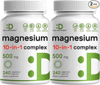 Magnesium Complex 500mg, 480 Veggie Capsules – Pack of 2 | 10-in-1 Glycinate, Citrate, Malate, Oxide, & More – 100% Chelated for Easy Absorption – Essential Mineral Supplement – Non-GMO