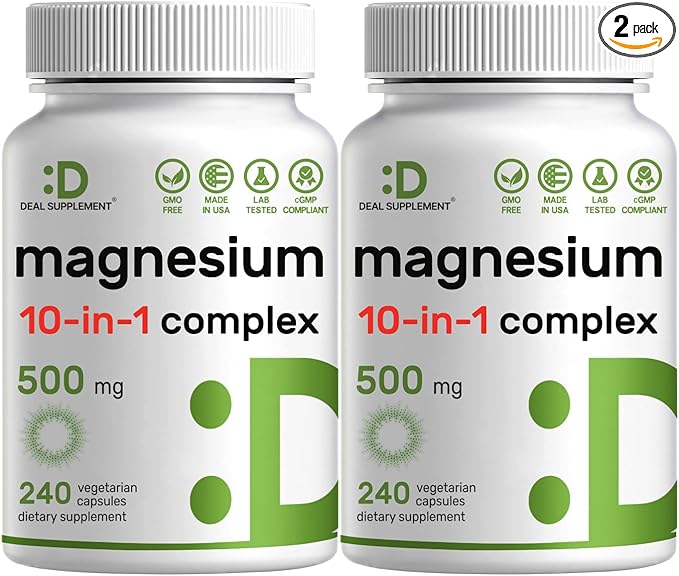 Magnesium Complex 500mg, 480 Veggie Capsules – Pack of 2 | 10-in-1 Glycinate, Citrate, Malate, Oxide, & More – 100% Chelated for Easy Absorption – Essential Mineral Supplement – Non-GMO