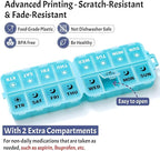 Foldable Weekly Pill Organizer 2 Times a Day with 2 Extra Compartments (Clear Printed Labels) - Portable 7 Day AM PM Medicine Box, Week Daily Travel Pill Case Holder for Vitamin, Supplement - Sky Blue
