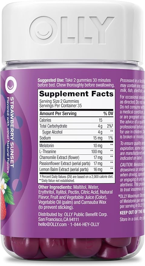 OLLY Max Strength Sleep Gummy,10mg Melatonin,L-Theanine,Chamomile,Lemon Balm,Sugar Free,Vegetarian Sleep Aid,Strawberry -,70 Count (Pack of 2)