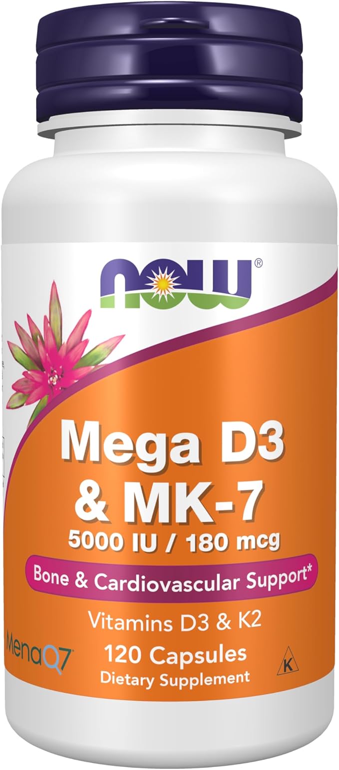 NOW Supplements, Mega D-3 & MK-7, 5000 IU / 180 mcg, Bone & Cardiovascular Support*, Vitamins K-3 & K-2, 120 Capsules