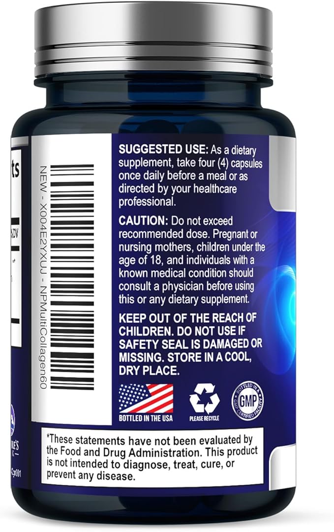 Multi Collagen Peptides Supplement for Hair, Nail, Skin - Type I, II, III, V, X, Collagen Powder Pills - Grass-Fed, Hydrolyzed for Bone and Joint Support for Women & Men, Non-GMO - 60 Capsules