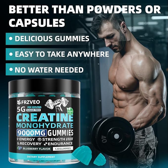 Creatine Monohydrate Gummies 9000mg for Men & Women, Potent Creatine Supplement 5g Chewables Creatine Per Serving, Pre-Workout Gummies for Enhanced Strength, Energy & Muscle Growth - 120 Count