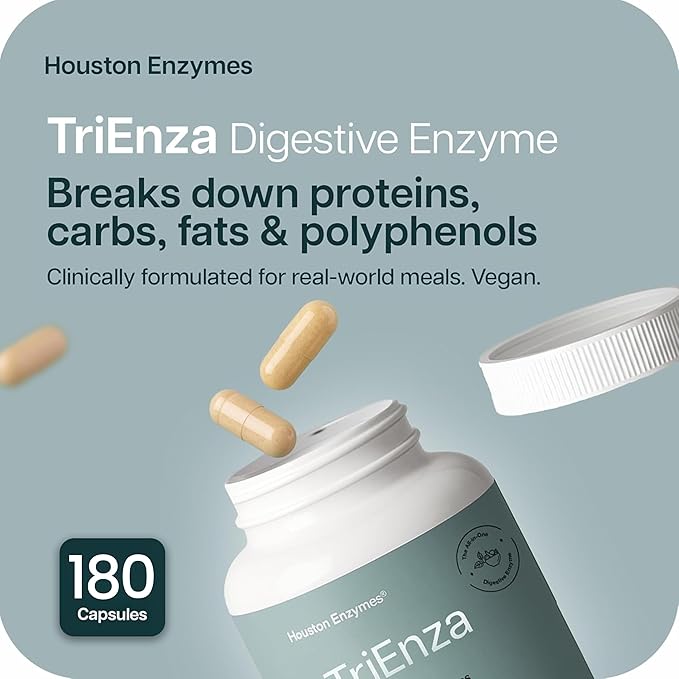 Houston Enzymes TriEnza Digestive Enzymes for Women & Men, Digestive Enzyme Supplements for Proteins, Carbs, Fats & Polyphenols Help Break Down Wheat, Dairy, Soy, 180 Capsules (90 Doses)