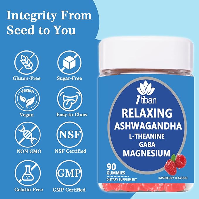 Cortisol Supplements for Women, Calm Magnesium Glycinate Gummies, Ashwagandha, L-Theanine, GABA, D3, B6, Mood Anxiety Sleep Relax, Raspberry Flavour, Vegan 90 Gummies