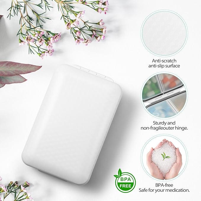 Weekly Pill Organizer, Extra Large Pill Box with Labels and Storage Bag, 8 GRIDS Medicine Pill Organizer, Moisture-Proof Airtight Travel Pill Case for Vitamin, Medicine, Supplement Organizer, White