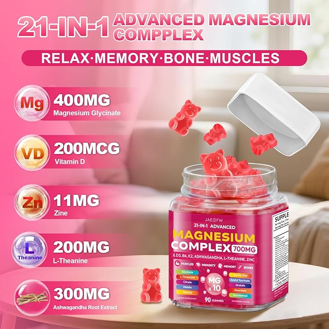 Magnesium Glycinate Gummies 700MG - 21-in-1 Advanced Magnesium Supplement with Ashwagandha, L-Theanine, Zinc, Vitamin - Sugar Free Magnesium Gummies for zzZ, Focus & Relaxation, for Women, Men & Kids