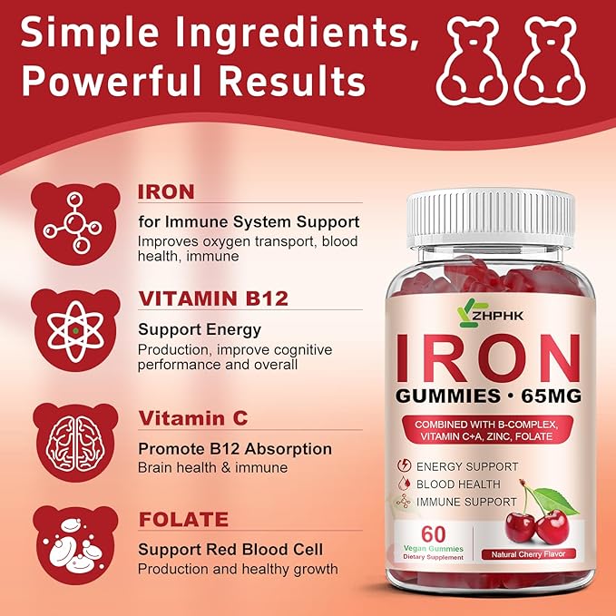 Iron Gummies Supplement for Women, Men & Kids, Iron 65mg with 250mg Vitamin C B6 B12 Folate Healthy Blood, Energy & Immune Support Gentle on Stomach Ferrous Fumarate, 120 Count