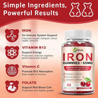 Iron Supplement for Women, Men & Kids, Iron 65mg & Vitamin C 250mg per Serving with B6 B12 Folate- Energy Support for Iron Deficiency, Anemia, Vegan Gummy Cherry Flavor, 60 Count