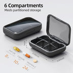Portable Pill Box, Pill Organizer with 6 Compartments, Daily Medicine Pill Case, Pocket Size Pill Box for Travel, BPA Free Small Pill Container for Vitamins, Fish Oil, Supplements (Black)