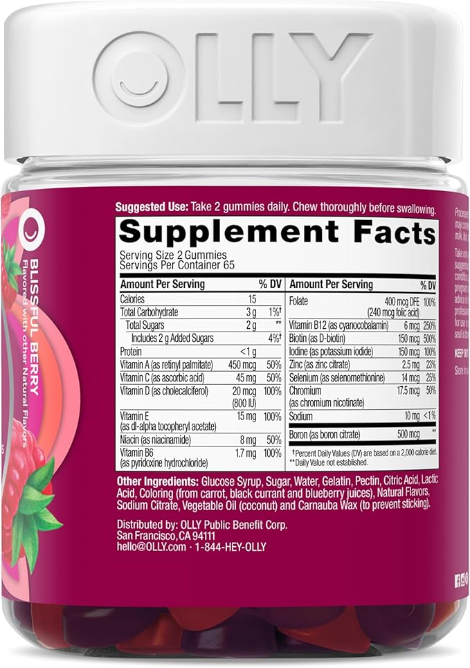 OLLY Women's Daily Multivitamin Gummy, Vitamins A, D, C, E, Biotin, Folic Acid, Adult Chewable Vitamin, Berry Flavor, 65 Day Supply - 130 Count