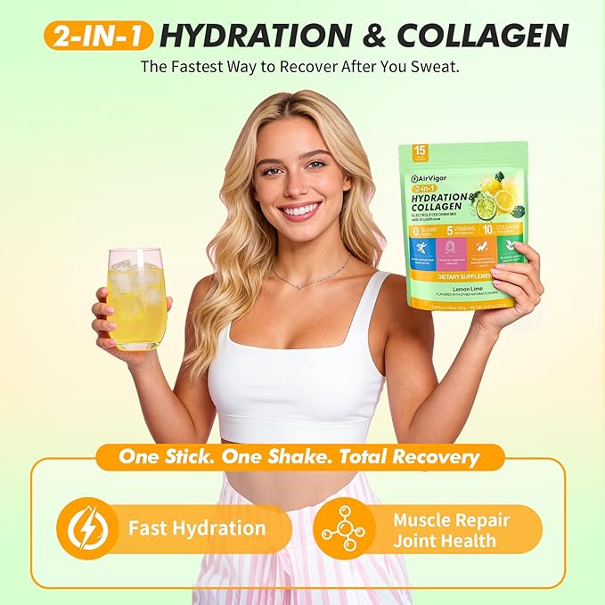 Electrolyte Collagen Powder Packets, 10g Collagen Protein Drink Mix for Hydration Recovery, Zero Sugar 2-in-1 Post Workout Rehydration, Joint Skin Muscle Support, 5 Vitamins, Lemon Lime