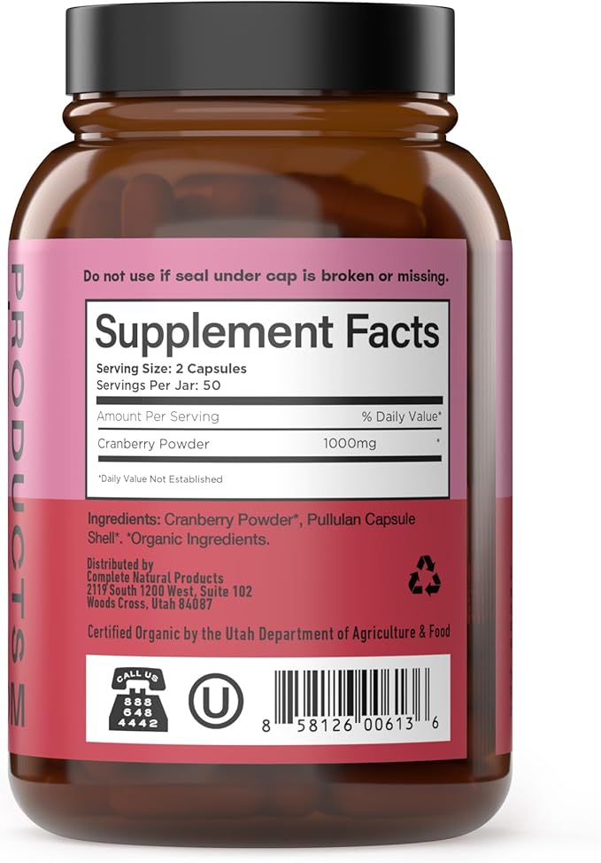 Organic Cranberry Capsules 500mg by Complete Natural Products - Cranberry Supplements for Women, Plant Based Powder for Urinary Tract & Bladder Support, Vegan Non GMO No Fillers Formula Made in USA