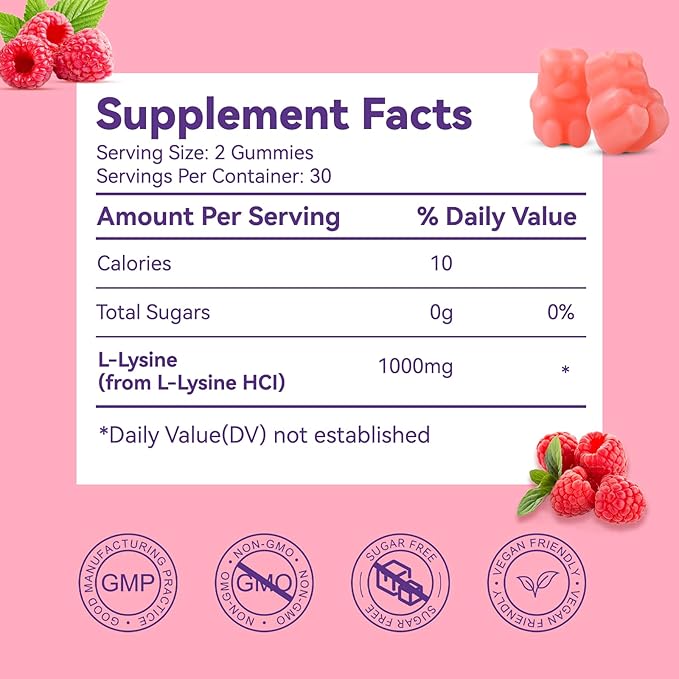 2 Pack L-Lysine 1000mg Gummies, Chewable Lysine Supplement for Adults, Essential Amino Acid for Lip Health, Immune Support, Collagen Formation* - Vegan, Gluten-Free, Sugar-Free, 120 Counts