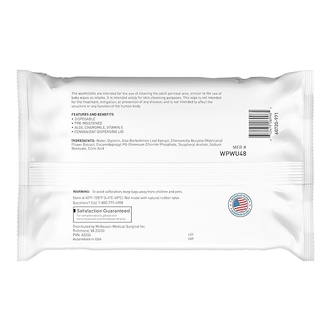 McKesson Washcloth Wipes, Unscented - Disposable Wet Wipes for Adults - Fragrance-Free, Paraben-Free - No-Rinse Formula, 48 Count, 6 Packs, 288 Total