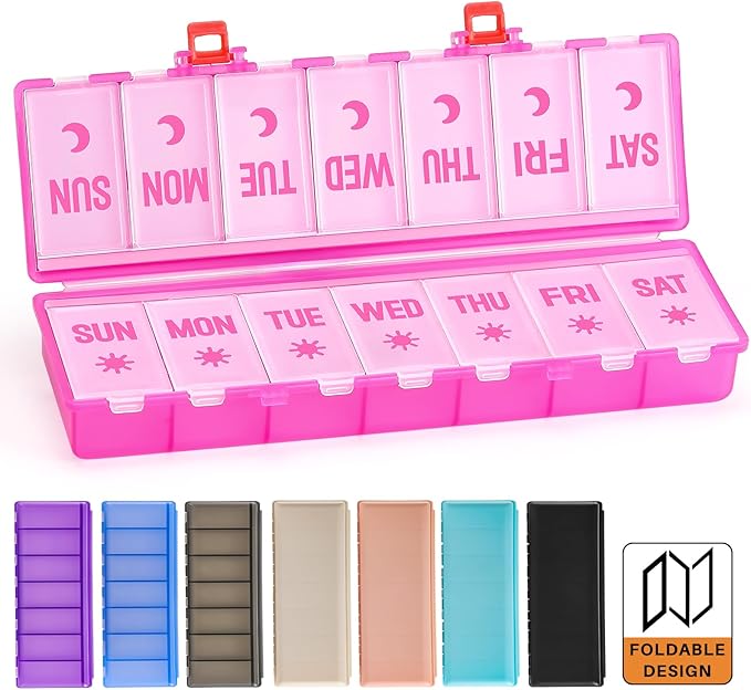 Foldable Pill Organizer 2 Times a Day w/Etched Labels -Dual Protection & Portable Weekly AM PM Pill Box, 7 Day Medicine Container, Large Travel Pill Case for Week Daily Supplement Vitamin -Clear Pink