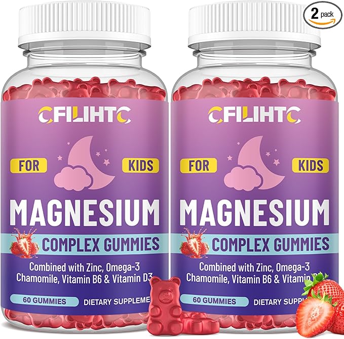 Kids Magnesium Gummies-Magnesium Glycinate Gummies for Kids Supplement-w/Zinc, Chamomile, Omega-3, Vitamin B6, D3 - for Sleep, Relaxation, Brain, Bones, Children's Calm, Sugar Free, 2 Pack Strawberry